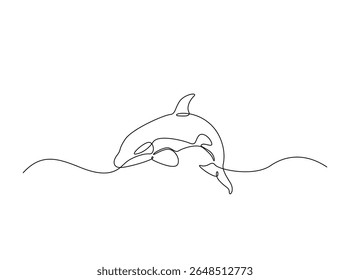 Killer whale in the ocean single outline illustration. Continuous line art drawing of orca killer whale.