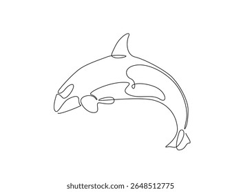 Killer whale in the ocean single outline illustration. Continuous line art drawing of orca killer whale.