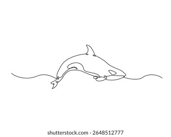 Killer whale in the ocean single outline illustration. Continuous line art drawing of orca killer whale.