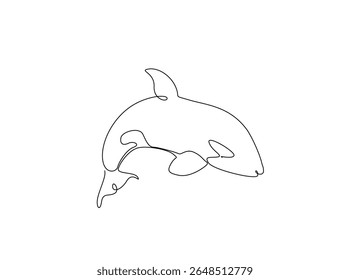 Killer whale in the ocean single outline illustration. Continuous line art drawing of orca killer whale.