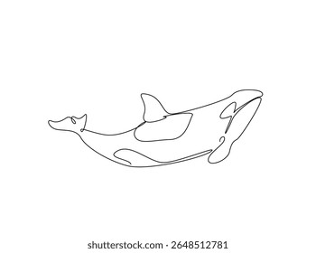 Killer whale in the ocean single outline illustration. Continuous line art drawing of orca killer whale.