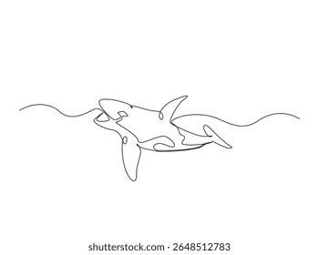 Killer whale in the ocean single outline illustration. Continuous line art drawing of orca killer whale.