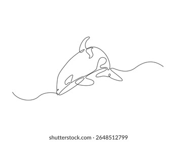 Killer whale in the ocean single outline illustration. Continuous line art drawing of orca killer whale.