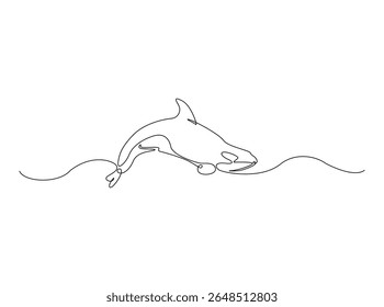 Killer whale in the ocean single outline illustration. Continuous line art drawing of orca killer whale.