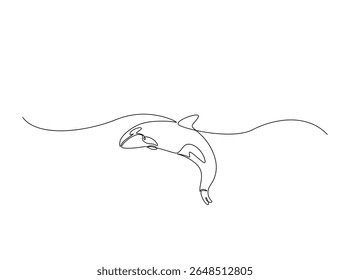 Killer whale in the ocean single outline illustration. Continuous line art drawing of orca killer whale.