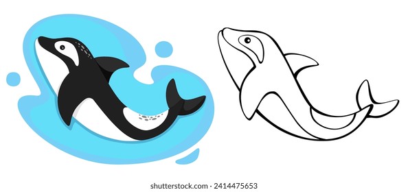 ballena asesina sobre un fondo azul, sobre el dibujo de contorno, ilustración vectorial en estilo de caricatura sobre un fondo aislado.