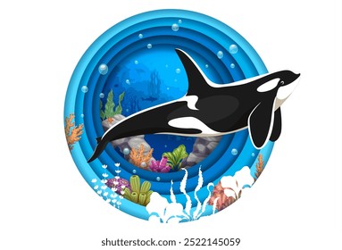 Baleia assassina em papel de paisagem subaquática corte banner. Cartoon orca predador animal marinho dentro de quadro circular em camadas. Cena aquática com corais, bolhas e rochas representadas na arte de origami de recorte de papel