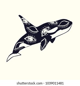 Killer whale with open and closed eyes with long lashes print on skin, hand drawn doodle sketch, isolated vector outline illustration?