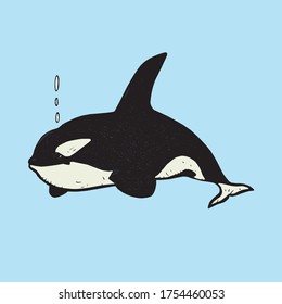 Ballena asesina (Orca), estilo vintage de la gravilla del doodle dibujado a mano, boceto, ilustración vectorial colorida
