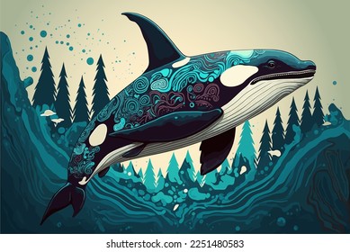 killer whale, orca, Orcinus orca, eye ornament, killer whale in tlingit style, killer whale vector, trees, sea, Tlingit symbols, ethnography, indians, magic