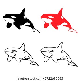 Silhuetas de Orca de Baleia Assassina em Estilo de Arte Linha Vermelha e Preta