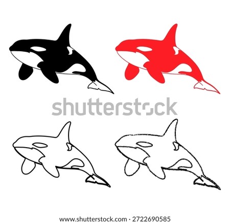 Killer Whale Orca Silhouettes in Red and Black Line Art Style
