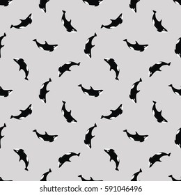 Killer Whale (Orcinus orca) seamless pattern on grey background. Wild ocean animal wallpaper. Vector illustration.