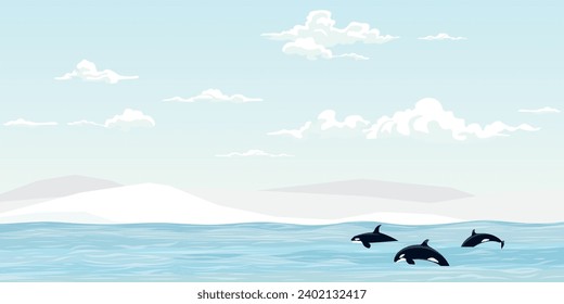 Ballenas asesinas nadando en la ilustración de los vectores del mar. Orca en el diseño plano del océano ártico.