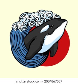 Killer whale playing with wave illustration