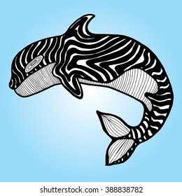 Killer Whale. Predatory whale. A fish. Sea creatures. The inhabitant of the ocean. Dolphin. Line art. Black and white drawing by hand. Stylized. Decorative. Tattoo.