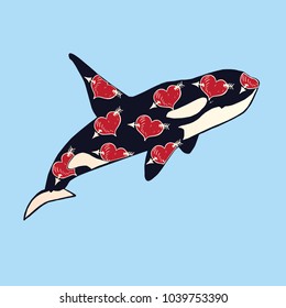 Killer whale with red heart with arrow print on skin, hand drawn doodle sketch, isolated vector color illustration?