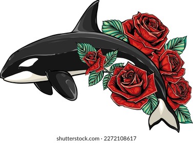 Killer whale with roses vector illustration