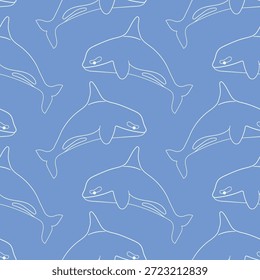 Modelo inconsútil de la ballena asesina en estilo del arte de la línea. Diseño de animales submarinos para el paquete de verano sobre un fondo azul.