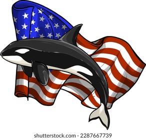 Killer Whale Spirit Orca Jumping Vector illustration with american flag