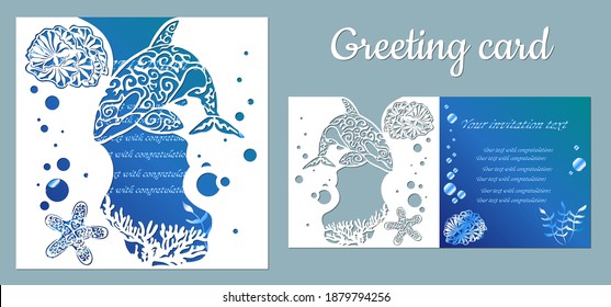 Killer whale, starfish, seaweed. Template for making a postcard. Vector image for laser cutting and plotter printing. Fauna with marine animals.