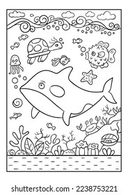 A killer whale swims underwater, surrounded by fish, an octopus, a sea urchin, a turtle, and a starfish. Below is a crab and a shell. Black and white vector illustration for coloring book.