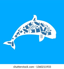 killer whale trash ocean plastic pollution. Ecological poster. Whale composed of white plastic waste bag, bottle on blue background.