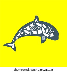 killer whale trash ocean plastic pollution. Ecological poster. Whale composed of white plastic waste bag, bottle on blue background.