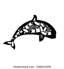 killer whale trash ocean plastic pollution. Ecological poster. Whale composed of white plastic waste bag, bottle on blue background.