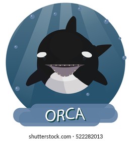 Killer whale underwater with bubbles and sun rays. Flat vector illustration