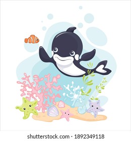 Killer Whale Vector Clip Art Illustration. Cute cartoon character. Sea life colorful background