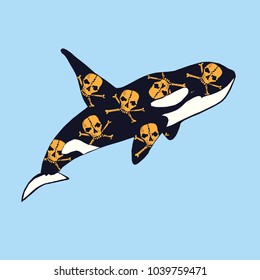 Killer whale with yellow skulls and crossbones print on skin, hand drawn doodle sketch, isolated vector color illustration?