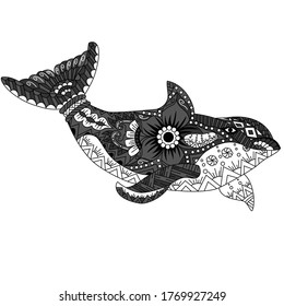 Killer whale zentangle in ethnic pattern style