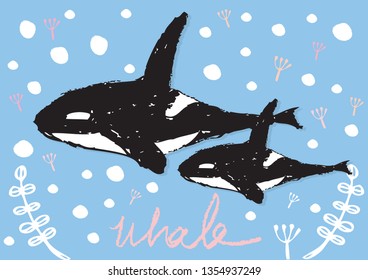 Killer whale,Cute Children pattern in marine style,Vector illustration with whales,Bright children pattern in marine style,Killer whale character abstract hand drawn vector 