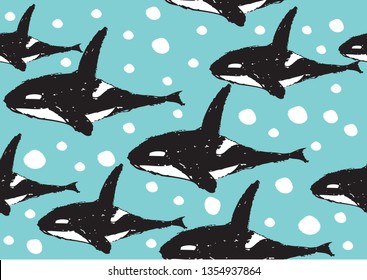 Killer whale,Cute Children seamless pattern in marine style,Vector illustration with whales,Bright children seamless pattern in marine style,Killer whale character abstract hand drawn vector seamless 