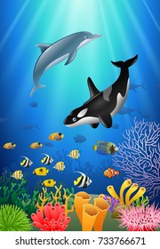 Killer whales and dolphin cartoon with underwater view and coral background. Vector Illustration.