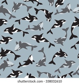 Killer Whales Pattern. Seamless Pattern Gray Background.