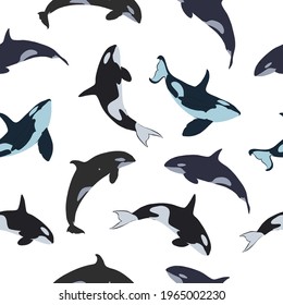Killer whales seamless pattern. Backgrounds and wallpapers for invitations, cards, fabrics, packaging, textiles, posters. Vector illustration.
