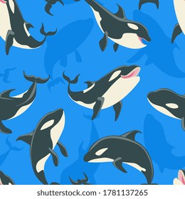 Killer Whales Seamless Pattern, Cute Orca Whale Sea Predatory Fish Vector Illustration