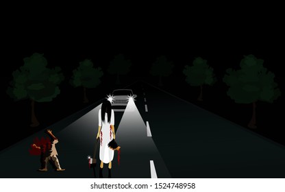 
The killer in white, Right hand holding an ax, left hand carrying a person's head ,There was a man's body cut on the road. Cars stopped on the road, turn on the headlights,black background