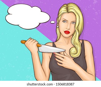 Killer wife, female maniac, womans revenge concept. Pretty, blond woman with enigmatic, suspicious look, touching, trying sharpness of kitchen knife blade in her hands pop art vector illustration