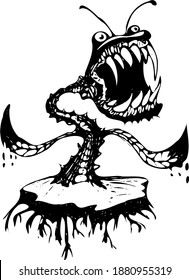 Killing monstrous plants! Black and white print.