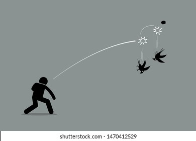 Killing two birds with one stone. Vector artwork depicts a man throwing a rock at two birds and killing both of them at once. Concept of efficiency, productivity, skillful, and good strategy. 