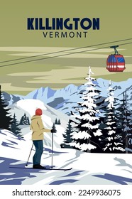 Killington Ski Travel resort poster vintage. Vermont USA winter landscape travel card