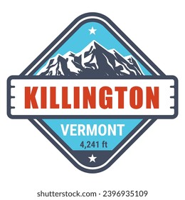 Killington, Vermont ski resort stamp, emblem with snow covered mountains, vector