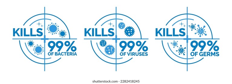 Kills 99.9% bacteria, germs and viruses . Antibacterial and antiviral defence, protection infection. Vector Illustration