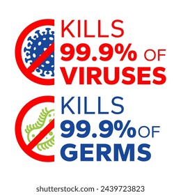 Tötet 99,9% Bakterien, Keime und Viren. Antibakterielle und antivirale Abwehr, Infektionsschutz. Vektorgrafik