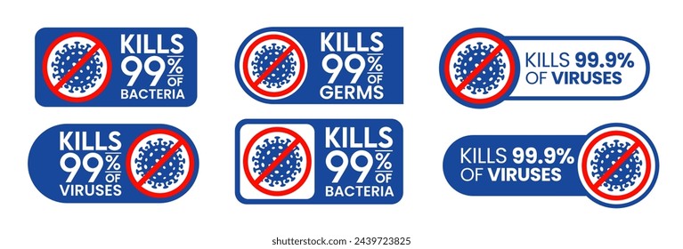 Kills 99.9% bacteria, germs and viruses . Antibacterial and antiviral defence, protection infection. Vector Illustration