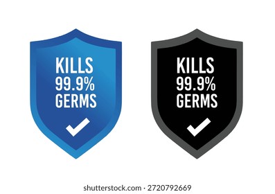 Conjunto de iconos de escudo 'Mata 99.9% de gérmenes' con insignias de protección azules y negras con símbolo de marca de verificación. Diseño plano moderno limpio, aislado en el fondo blanco. Ilustración vectorial