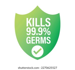 kills 99.9% germs vector icon with shield, green in color